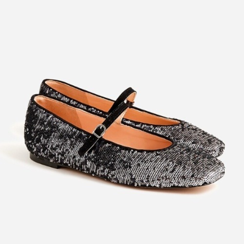 J. Crew Anya Mary‎ Jane Flats in Sequin Silver 8.5